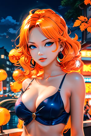Create a mesmerizing artwork inspired by Nami from One Piece,  set in a aesthetic universe,  Emphasize her seductive allure, beautiful face, perfect eyes, perfect nose shape, perfect lips, perfect hands ,vibrant Orange foliage, neon-lit cityscape, and intricate retro enhancements. Capture the essence of danger and allure in this aesthetic masterpiece., retro aesthetic style,detailmaster2,p3rfect boobs