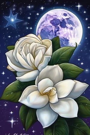 (A masterpiece), A beautiful Gardenia flower, vivid color, under a stary night sky, a vivid full moon, gothic style,