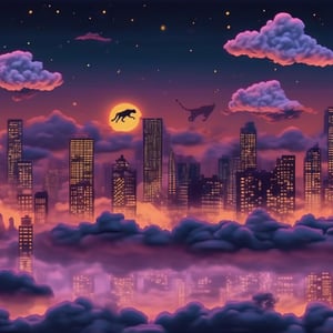 Fast motion,  velocity,  cheetah running through the clouds at night, lofi, cityscape,