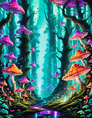 "A vibrant,  neon-lit forest with towering trees,  (glowing mushrooms:1.2) casting an otherworldly glow. Playful (elves:1.3) dart through the underbrush,  leaving trails of (sparkling dust:1.1) in their wake, in a black-light style.,potma style