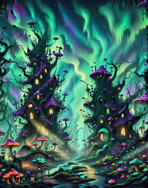 "A vibrant, black-light,  neon-lit forest with towering trees,  (glowing mushrooms:1.2) casting an otherworldly glow. Playful goblins, aurora borealis sky, leaving trails of (sparkling dust:1.1) in their wake, cyberpunk style.,potma style,donmcr33pyn1ghtm4r3xl  