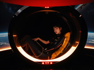 1girl, asian, black hair, in a space ship capsule, Space explorers, Stanley Kubrick, 2001 A Space Odyssey, Awe-inspiring technology, gold-black radiance, motion poses, tight_outfit, red space suit,