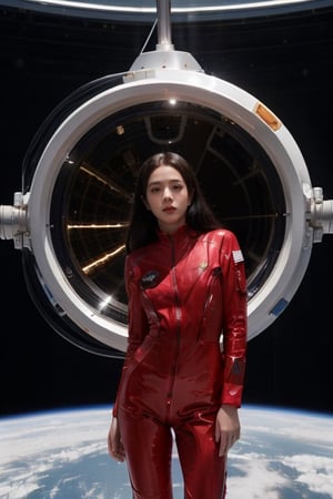 1girl, asian, black hair, in a space ship capsule, Space explorers, Stanley Kubrick, 2001 A Space Odyssey, Awe-inspiring technology, gold-black radiance, motion poses, tight_outfit, red space suit,jisoo