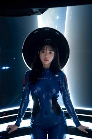 1girl, asian, long black hair, in a space ship,space explorers, Stanley Kubrick, 2001 A Space Odyssey, Awe-inspiring technology, Blue-red radiance, motion poses, tight_outfit, space suit,