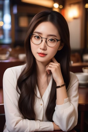 “Create a highly detailed photo realistic masterpiece of an image of a half-body portrait of a 25-year-old Korean woman with strikingly beautiful features. She is wearing elegant spectacles that complement her look. Her long, curvy hair flows gracefully around her shoulders. She is wearing tight white Color shirt exposing her cleavage. She have medium breast. The woman is facing the camera, capturing her confident and warm expression. The scene is set in a cozy Chinese restaurant, with soft ambient lighting that accentuates her features. The camera used is a Canon 50mm lens with a wide-open aperture of 1.8, creating a beautiful bokeh effect in the background.,LinkGirl