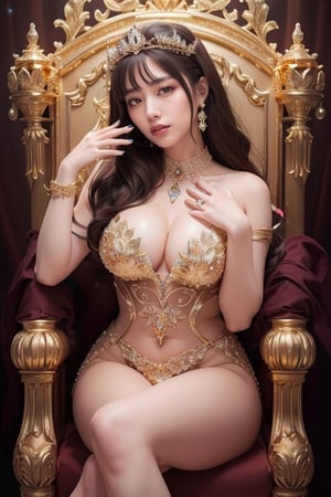 (masterpiece, best quality:1.4), sexy, hourglass figure, expressive eyes, long hair, Korean female empress sitting on throne, legs crossed, confident, looking down at viewer, vibrant colors, heavy make-up, gold lipstick, gold hair, long gold nails, black and gold silk imperial gown,medium breast,cleavage, gl4ss,transparent,gradient,shiny,glint,reflection,gl4ss