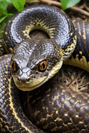 Generate a highly detailed description of a snake, providing information about its size, color, structure, and any unique features. Describe the distinctive elliptical shape of the pupil, its adaptability in different lighting conditions, and how it contributes to the snake's predatory and defensive behaviors. Explain how the snake's vision works, including its ability to sense heat and detect prey through infrared sensory pits. Use vivid and descriptive language to convey the fascinating nature of this remarkable reptilian organ.