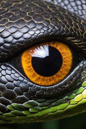 Generate a highly detailed description of a snake's eye, providing information about its size, color, structure, and any unique features. Describe the distinctive elliptical shape of the pupil, its adaptability in different lighting conditions, and how it contributes to the snake's predatory and defensive behaviors. Explain how the snake's vision works, including its ability to sense heat and detect prey through infrared sensory pits. Use vivid and descriptive language to convey the fascinating nature of this remarkable reptilian organ.