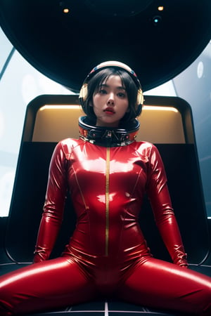 1girl, asian, black hair, in a space ship capsule, Space explorers, Stanley Kubrick, 2001 A Space Odyssey, Awe-inspiring technology, gold-black radiance, motion poses, tight_outfit, red space suit,
