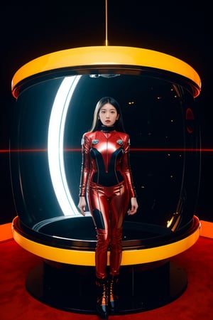 1girl, asian, black hair, in a space ship capsule, Space explorers, Stanley Kubrick, 2001 A Space Odyssey, Awe-inspiring technology, gold-black radiance, motion poses, tight_outfit, red space suit,