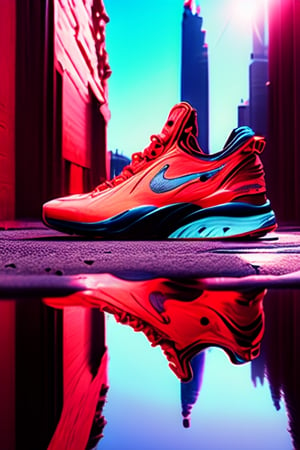 Highly detailed high resolution image of urban sneakers. Water reflections, neon buildings, bright sunlight 
