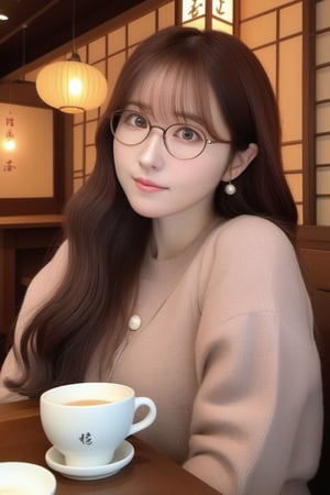 “Create an image of a half-body portrait of a 25-year-old Korean woman with strikingly beautiful features. She is wearing elegant spectacles that complement her look. Her long, curvy hair flows gracefully around her shoulders. The woman is facing the camera, capturing her confident and warm expression. The scene is set in a cozy restaurant, with soft ambient lighting that accentuates her features. The camera used is a Canon 50mm lens with a wide-open aperture of 1.8, creating a beautiful bokeh effect in the background.”,yua_mikami