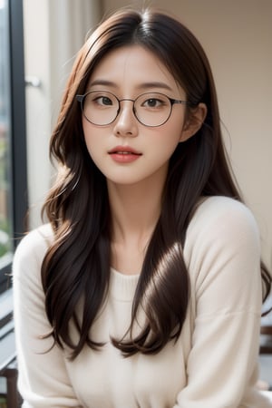 “Create a highly detailed photo realistic masterpiece of an image of a half-body portrait of a 25-year-old Korean woman with strikingly beautiful features. She is wearing elegant square spectacles that complement her look. Her long, curvy hair flows gracefully around her shoulders. She is naked. She have medium breast. Visible nipples. The woman is facing the camera, capturing her confident and warm expression. The scene is set in a cozy apartment balcony with soft ambient lighting that accentuates her features. The camera used is a Canon 50mm lens with a wide-open aperture of 1.8, creating a beautiful bokeh effect in the background.,LinkGirl,korean girl