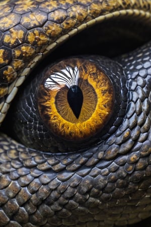 Generate a highly detailed description of a snake's eye, providing information about its size, color, structure, and any unique features. Describe the distinctive elliptical shape of the pupil, its adaptability in different lighting conditions, and how it contributes to the snake's predatory and defensive behaviors. Explain how the snake's vision works, including its ability to sense heat and detect prey through infrared sensory pits. Use vivid and descriptive language to convey the fascinating nature of this remarkable reptilian organ.