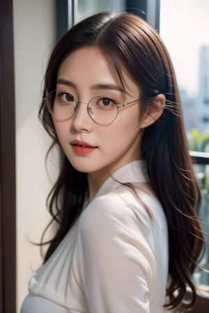 “Create a highly detailed photo realistic masterpiece of an image of a half-body portrait of a 25-year-old Korean woman with strikingly beautiful features. She is wearing elegant square spectacles that complement her look. Her long, curvy hair flows gracefully around her shoulders. She is wearing a transparent blouse. She have medium breast. Visible nipples. The woman is facing the camera, capturing her confident and warm expression. The scene is set in a cozy apartment balcony with soft ambient lighting that accentuates her features. The camera used is a Canon 50mm lens with a wide-open aperture of 1.8, creating a beautiful bokeh effect in the background.,LinkGirl,korean girl