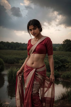 photo of indian girl, ((( girl wearing red saree ))), full_body,Indian,perfecteyes, dusky skinned girl, curvy_hips, slightly_chubby, sexy_body, seductive_pose, slavery, full_clothed,traditional_dress, village girl, farming, standing in fields,Saree, heavy,raining, rainy sky, wet_clothes, (mommy figure)