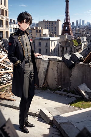  one boy, with black hair, in military attire  and a coat , highlighted figure stands in the ruins of a  city, paris , adult, nazi band in hand, looking at camera 
