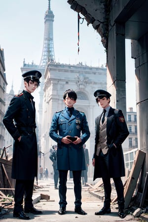  Three boys standing besides each other , with black hair, in military attire  and a coat , highlighted figure stands in the ruins of a  city, in front of  'paris tower' , adult, swastika marked band in hand,three boys are looking at camera 