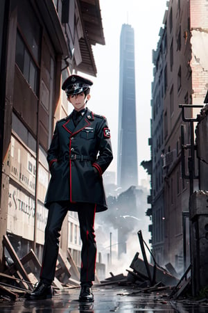  one boy, with black hair, in military attire  and a coat , highlighted figure stands in the ruins of a  city, in front of ruined paris tower , adult, nazi band in hand, looking at camera 