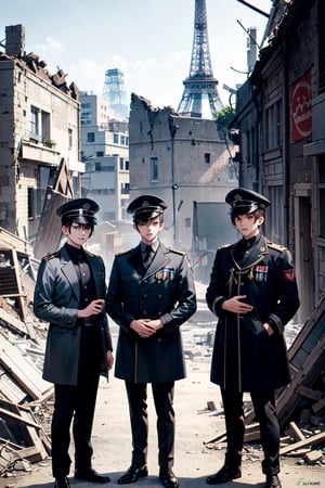  Three boys standing besides each other , with black hair, in military attire  and a coat , highlighted figure stands in the ruins of a  city, in front of  'paris tower' , adult, swastika marked band in hand,three boys are looking at camera 