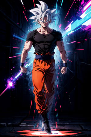 highly detailed, masterpiece, high quality, beautiful, full-body shot, son goku, son goku standing, ultra instinct, aura power, black t-shirt, ((orange pants)), Insane detail in face, serious expression, closed mouth, slim, arms down, charging power, grey eyes, white hair