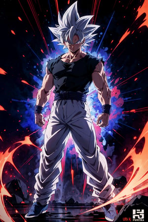 highly detailed, masterpiece, high quality, beautiful, full-body shot, son goku, son goku standing, ultra instinct, aura power, black t-shirt, ((white pants)), Insane detail in face, serious expression, closed mouth, slim, arms down, charging power, grey eyes, white hair