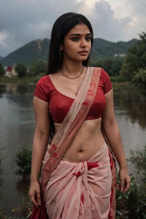photo of indian girl, ((( girl wearing red saree ))), full_body,Indian,perfecteyes, dusky skinned girl, curvy_hips, slightly_chubby, sexy_body, seductive_pose, slavery, full_clothed,traditional_dress, village girl, farming, standing in fields,Saree, heavy,raining, rainy sky, wet_clothes