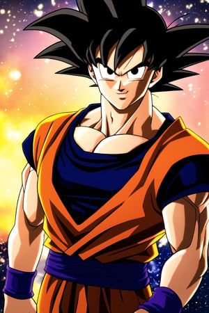 son goku, 1boy, backlighting, black eyes, black hair, blue wristband, closed mouth, dougi, hair strand, light particles, looking at viewer, male focus, muscular, muscular male, pectorals, smile, solo, spiked hair, wristband, ((masterpiece)), style dragon ball super, dragon ball super, highly detailed photo, sharp details, realistic, 4K, RAW photo