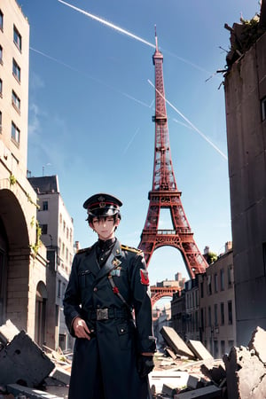  one boy, with black hair, in military attire  and a coat , highlighted figure stands in the ruins of a  city, in front of  'paris tower' , adult, swastika marked band in hand, looking at camera 