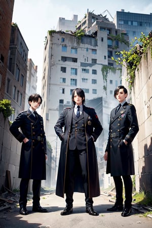  Three boys standing besides each other , with black hair, in military attire  and a coat , highlighted figure stands in the ruins of a  city, in front of  'paris tower' , adult, swastika marked band in hand,three boys are looking at camera 
