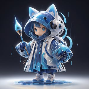 TenTen Mascot, micro designed monster, blue and white colored, minimalistic, 3d style, DonMCyb3rN3cr0XL ,Techno-witch, full body, holding a digital paintbrush, uses different colors for effects, palette, artificial intelligence