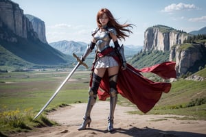 1girl, best quality,  vivid colours,  long hair,  High detailed,  perfect image unfolds with 8k resolution,  masterpiece,  ultra detailed image, colorful,cute girl,clean image style,fullbody,redhead beautifulgirl,High detailed, a girls standing out with a armour costume, she have a sword in hand  and she is raising the sword to the skies,realhands,she is in a plains biome,