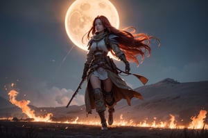 1girl,  best quality, one of the most beautiful images ever created,  vivid colours,  long hair,  High detailed,  perfect image unfolds with 8k resolution,  masterpiece,  ultra detailed image,  colorful, cute girl, clean image style, redhead beautifulgirl, High detailed, she is in a plains biome, detailed beautiful face,fantasy00d,fullbody,After a very long fight a Future soldier (female) is coming home through the burning cursed eclipse field,the field is all burning with a huge destruction this flames is the souls of the dead screaming back to the female soldier.