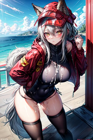 masterpiece, best quality , vivid colours,long hair,fullbody,High detailed,detailed face and eyes, long hair,camel_toe,panties showing,standing,front pov,sfw,vulva,ahoge,1girl,dynamicpose,clothes floating with the wind,powerful colours,projekt red from arknights chilling in a roof top,1girl,gray hair,navel,hot body,projekt red light breeze, yellow eyes, leaning forward, jacket, wolf tail, hood, open jacket, hooded jacket, red jacket, black one-piece swimsuit, thigh strap, unzipped, highleg swimsuit, ears through headwear,cum in her navel,