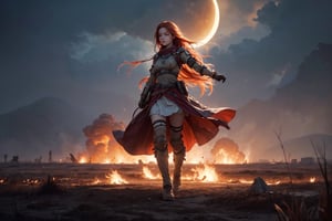 1girl,  best quality, one of the most beautiful images ever created,  vivid colours,  long hair,  High detailed,  perfect image unfolds with 8k resolution,  masterpiece,  ultra detailed image,  colorful, cute girl, clean image style, redhead beautifulgirl, High detailed, she is in a plains biome, detailed beautiful face,fantasy00d,fullbody,After a very long fight a Future soldier (female) is coming home through the burning cursed eclipse field,the field is all burning with a huge destruction this flames is the souls of the dead screaming back to the female soldier.