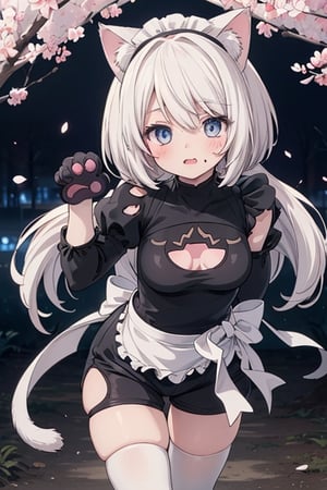 1girl,  masterpiece,  best quality,  cute,  animal ears,  shorts,  paw pose,  (cat paw gloves:1.4),  facing viewer,  looking at viewer,  sakura city,nighttime,animepull,yorha no. 2 type b walking in a sakura blood stained forest dressed as a maid neko with torn up clothes,detailed face