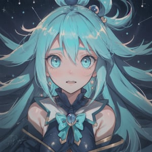 ksaqua,big_boobies,masterpiece,colorful,best quality,cute face, the background is a plain like a dream place where aqua is looking constellations of stars in midnight giving a nostalgic yet comfortable feeling,detailed eyes,
perfecteyes,EpicSky,giant stars,ksaqua