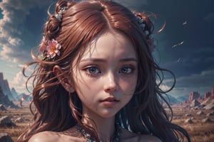 1girl,  best quality, one of the most beautiful images ever created,  vivid colours,  long hair,  High detailed,  perfect image unfolds with 8k resolution,  masterpiece,  ultra detailed image,  colorful, cute girl, clean image style, redhead beautifulgirl, High detailed, she is in a plains biome, detailed beautiful face,fantasy00d,girl naked in empty plains,something watching from afar,