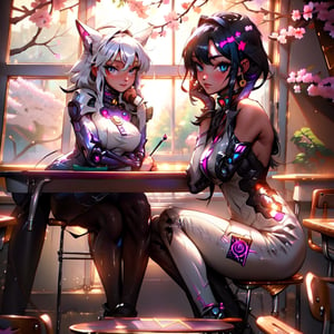 c.c,big_boobies,masterpiece,colorful,best quality, c.c sitting cross leg with hand into the chin,cute face, the background is a classroom where theres a huge window which light comes true and c.c is alone just chilling looking at the sakura trees through the window,c.c.,detailed hand and eyes, pupil_ magic:circle eye,high constrast,ultra high res,mecha musume,