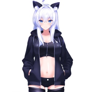 1girl, solo, long hair, breasts, looking at viewer, bangs, blue eyes, shirt, long sleeves, navel, animal ears, hair between eyes, medium breasts, closed mouth, standing, jacket, white hair, thighs, cowboy shot, open clothes, choker, midriff, hood, stomach, open jacket, black jacket, crop top, groin, thigh strap, fake animal ears, highleg, black choker, expressionless, thigh gap, hooded jacket, hood up, hand in pocket, animal hood