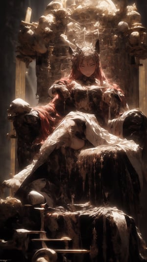 1girl,  best quality, one of the most beautiful images ever created,  vivid colours,  long hair,  High detailed,  perfect image unfolds with 8k resolution,  masterpiece,  ultra detailed image,  colorful, cute girl, clean image style, redhead beautifulgirl, High detailed, detailed beautiful face,fullbody,midjourney,oda non,A ancient imortal queen sitting in a trone made of bones and flesh,a very heavy death feeling is in the air,she looks soo young yet dangerous,she is almost the enbodiment of death + NSFW nudity.