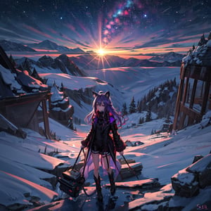 masterpiece,colorful,{best quality},detailed eyes,high constrast,ultra high res.,amidef,Seele is in a ice mountain seeing a huge glowing ice ravine with glowing nebula sky while the sun is setting down with big galaxy like stars.,giving a sad yet with a little hope. ,animal ears,long hair