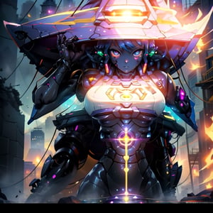 big_boobies,masterpiece,colorful,best quality,detailed hand and eyes, pupil_ magic:circle eye,high constrast,ultra high res,mecha musume,mecha, "A girl is using a amazing mecha armour that easily shines agains the sun rays coming from around her she's uses 2 mecha gloves with the same colors in her breath taking mechanical thruster style wings that makes her float above the ground,shes looking at a building with her colorful glowing eyes and a curious face she is searching for something in that
ruins city.,hands in hips