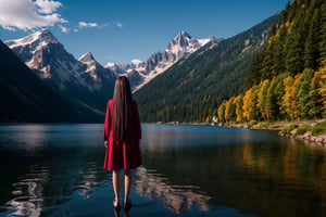 best quality , vivid colours,long hair,High detailed,perfect image unfolds with 8k resolution, masterpiece, ultra detailed image,a tall girl standing close to a lake,the huge lake is sorounded by montains,fullbody in image frame,eldritch creature,manga panel,Exe,