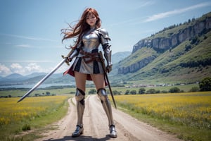 1girl, best quality,  vivid colours,  long hair,  High detailed,  perfect image unfolds with 8k resolution,  masterpiece,  ultra detailed image, colorful,cute girl,clean image style,fullbody,redhead beautifulgirl,High detailed, a girls standing out with a armour costume, she have a sword in hand  and she is raising the sword to the skies,realhands,she is in a plains biome,