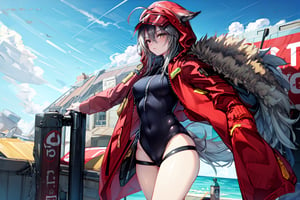 masterpiece, best quality , vivid colours,long hair,fullbody,High detailed,detailed face and eyes, long hair,camel_toe,panties showing,standing,front pov,sfw,vulva,ahoge,1girl,dynamicpose,clothes floating with the wind,powerful colours,projekt red from arknights chilling in a roof top,1girl,gray hair,navel,hot body,projekt red light breeze, yellow eyes, leaning forward, jacket, wolf tail, hood, open jacket, hooded jacket, red jacket, black one-piece swimsuit, thigh strap, unzipped, highleg swimsuit, ears through headwear,