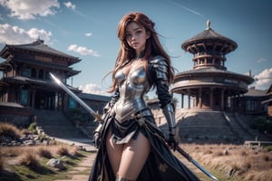 1girl, best quality,one of the most beautiful images ever created,  vivid colours,  long hair,  High detailed,  perfect image unfolds with 8k resolution,  masterpiece,  ultra detailed image, colorful,cute girl,clean image style,redhead beautifulgirl,High detailed, a girls standing out with a armour costume, she have a sword in hand  and she is raising the sword to the skies,anatomy correct hands ,she is in a plains biome,holding a sword,detailed face,