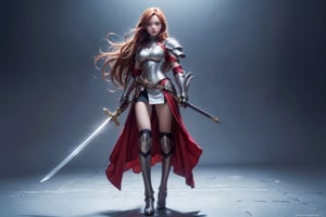 1girl, best quality,  vivid colours,  long hair,  High detailed,  perfect image unfolds with 8k resolution,  masterpiece,  ultra detailed image, colorful,cute girl,clean image style,fullbody,redhead beautifulgirl,High detailed, a girls standing out with a armour costume, she have a sword in hand  and she is raising it to the skies,realhands,