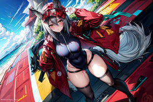 masterpiece, best quality , vivid colours,long hair,fullbody,High detailed,detailed face and eyes, long hair,camel_toe,panties showing,standing,front pov,sfw,vulva,ahoge,1girl,dynamicpose,clothes floating with the wind,powerful colours,projekt red from arknights chilling in a roof top,1girl,gray hair,navel,hot body,projekt red light breeze, yellow eyes, leaning forward, jacket, wolf tail, hood, open jacket, hooded jacket, red jacket, black one-piece swimsuit, thigh strap, unzipped, highleg swimsuit, ears through headwear,cu m in her navel and thighs