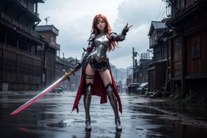 1girl, best quality,  vivid colours,  long hair,  High detailed,  perfect image unfolds with 8k resolution,  masterpiece,  ultra detailed image, colorful,cute girl,clean image style,fullbody,redhead beautifulgirl,High detailed, a girls standing out with a armour costume and a sword in hand pointing it to the skies, 